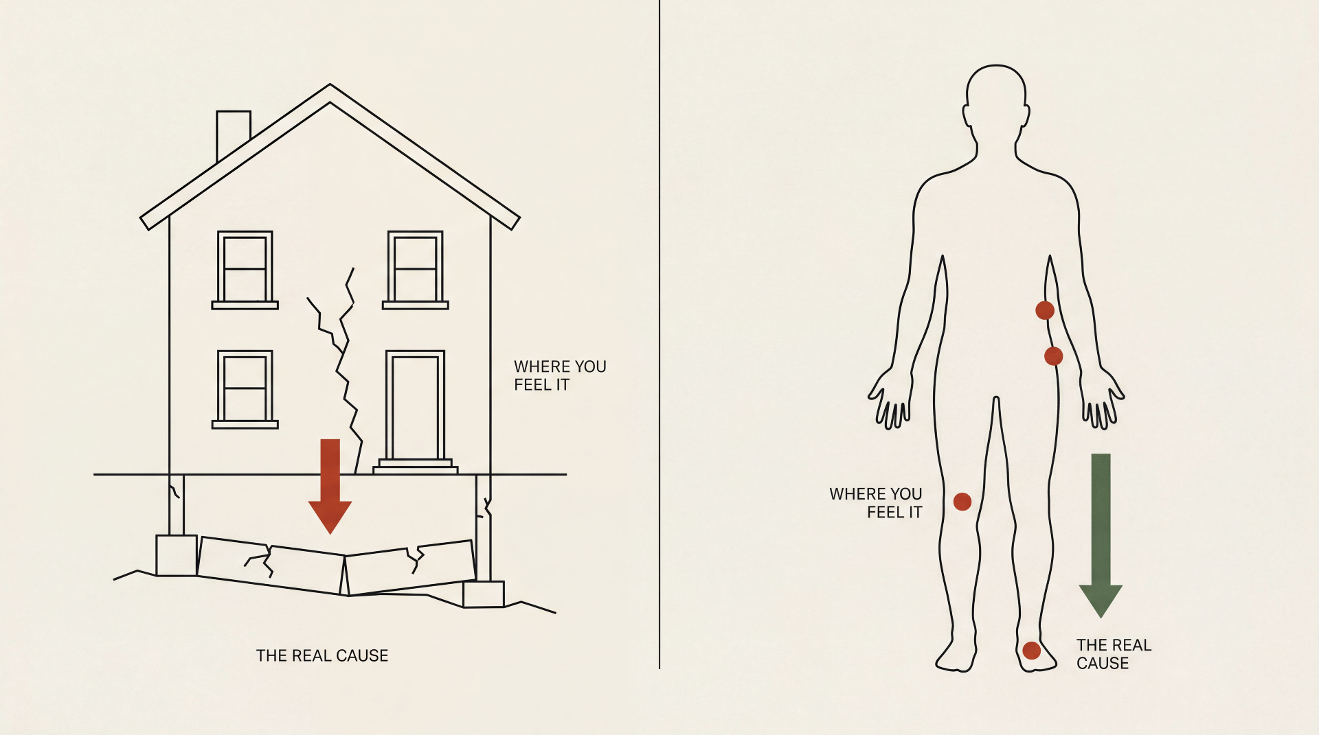Diptych illustration showing where you feel pain versus the real cause